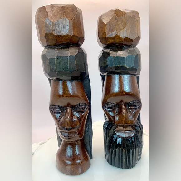 Other - Jamaican Handmade Carved Wooden Busts of Tribal Couple - Vintage - Folk Art